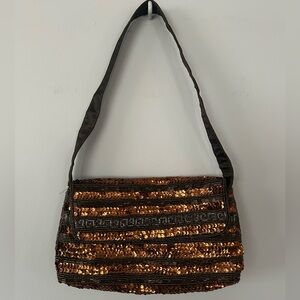 Sasha New York Bronze Sequin Handbag Greek Key Design Evening Purse Bag Preloved